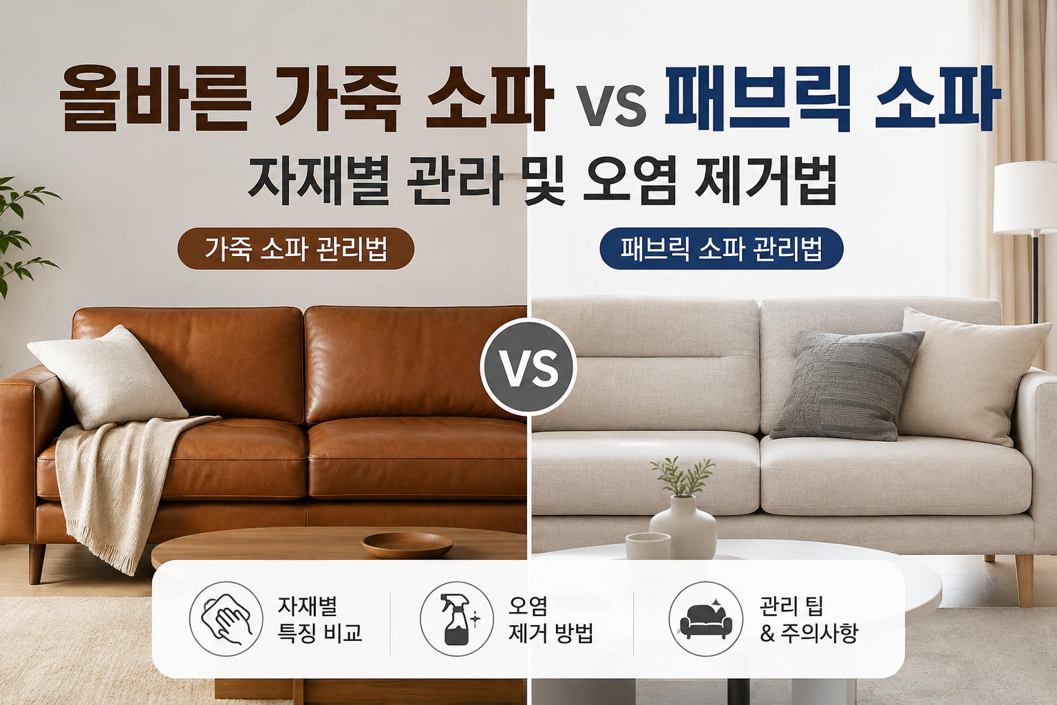 올바른 거실 가죽 및 패브릭 소파 관리 모습