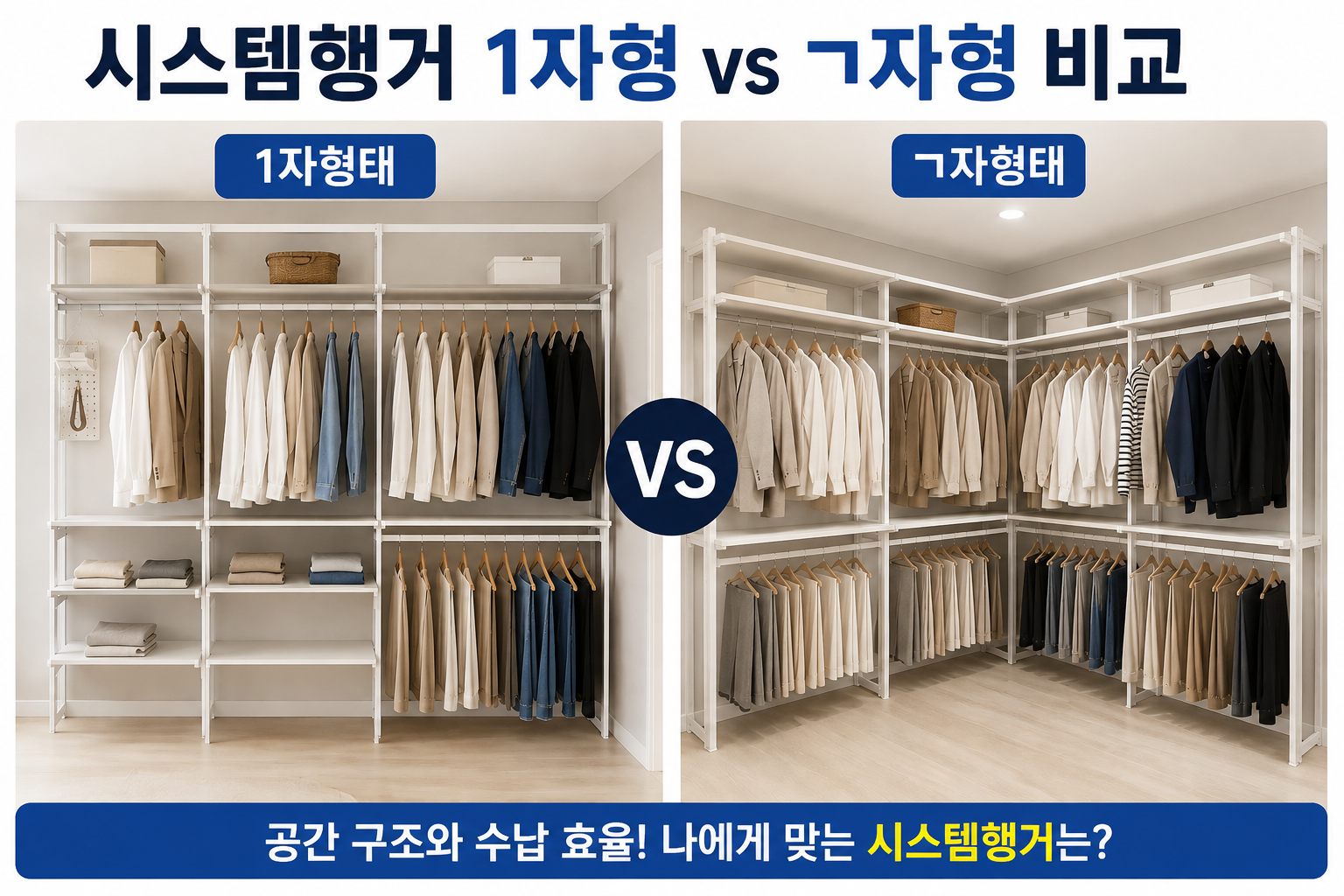 좁은 방 드레스룸 인테리어 1자 및 ㄱ자 시스템 행거 배치 모습